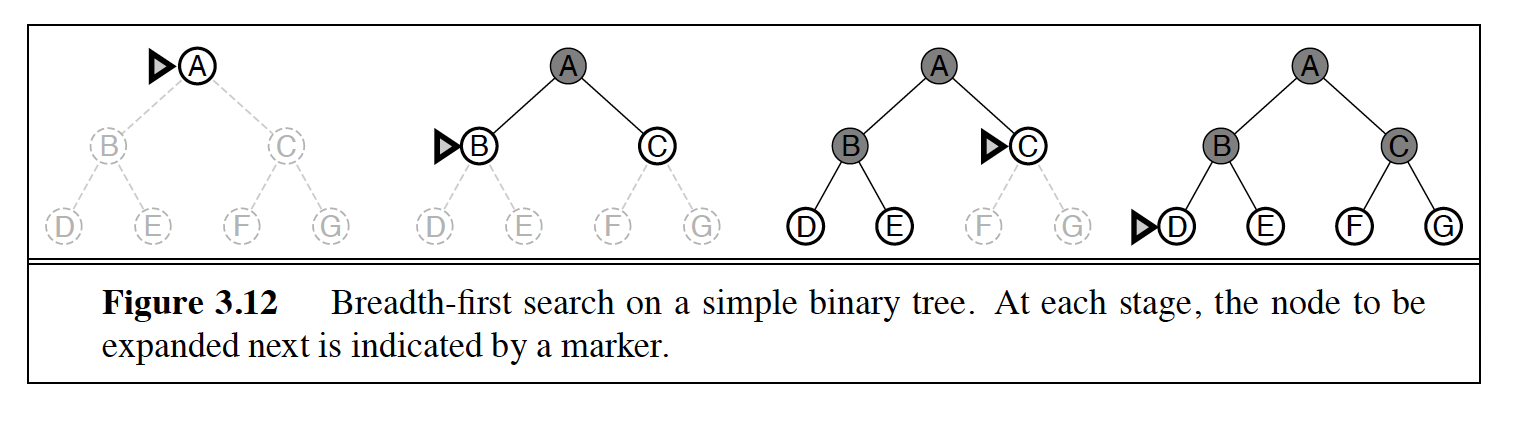 Breadth-first search expanding a binary tree level by level