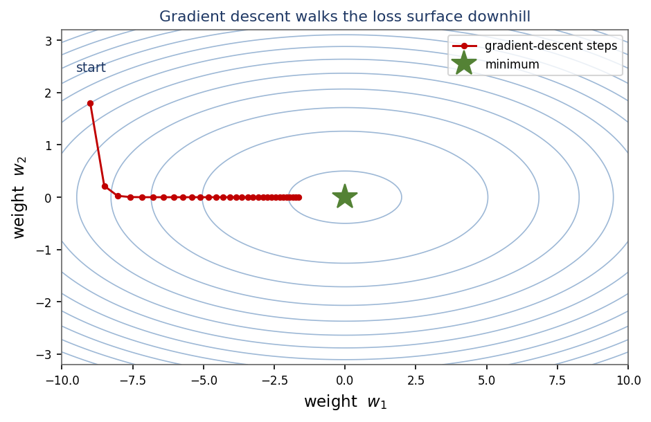 Gradient descent steps walking down a bowl-shaped loss surface to the minimum