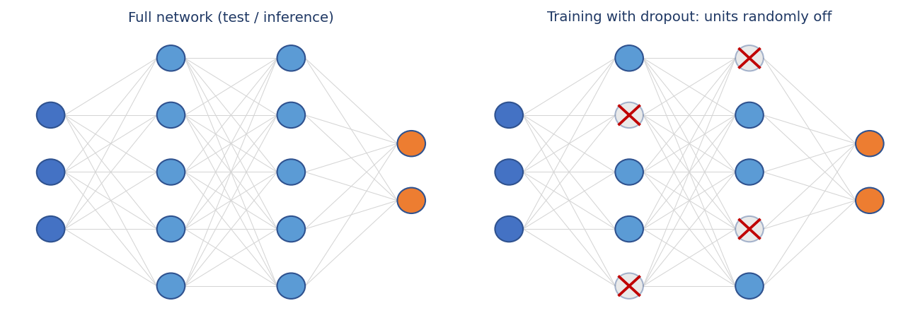 A full network at test time versus a training pass with random units switched off