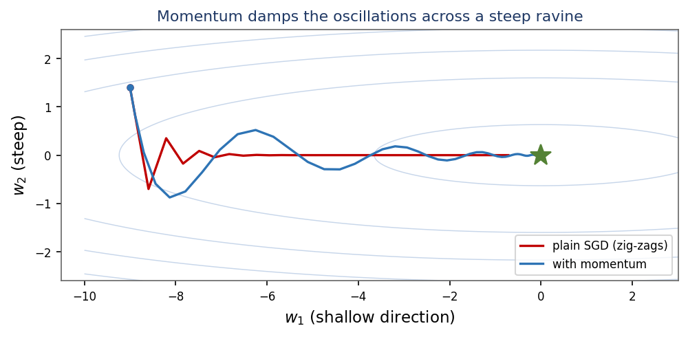 Plain SGD zig-zagging across a ravine versus momentum damping the oscillations